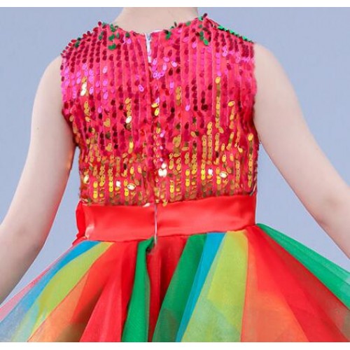 Girls modern dance jazz dance dresses rainbow sequined colored singers chorus performance photos cosplay skating competition dresses